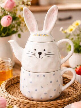 10 Strawberry Street Bunny Tea Set – Farmhouse Spring Decor – Like New